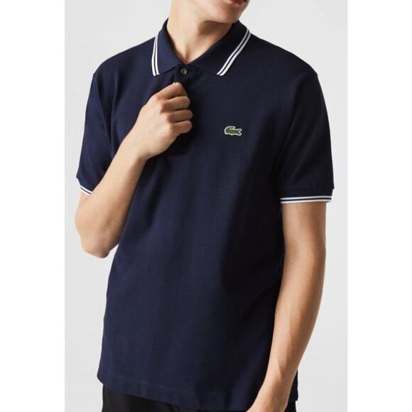 Lacoste Men's Short Semi Fancy Collar and Sleeve Polo Shirt  Navy White L - Picture 1 of 3